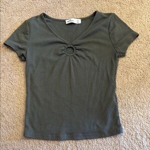 Ribbed Olive Green V-Neck Top